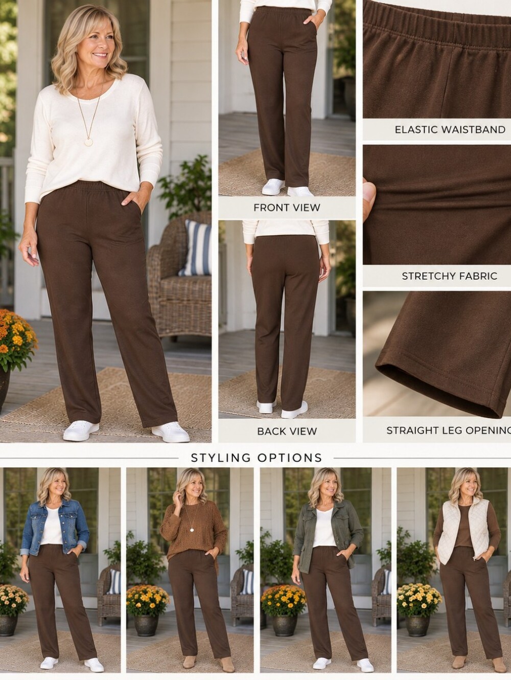 Susan Graver Essentials Brown Stretch Pull-On Straight Leg Pants Large
